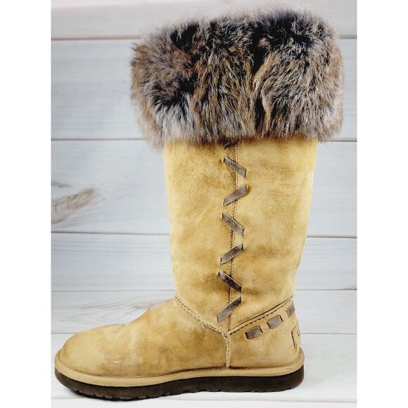 UGG Boots Australia Rosana Fur Cuff Style 1008044 Chestnut Wool Brown Boots Sz 7 - Picture 9 of 16